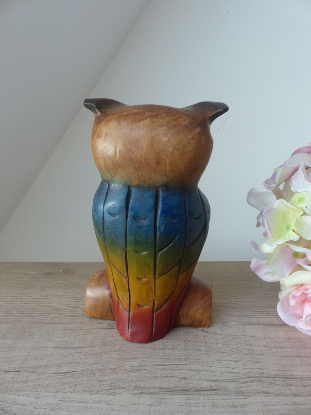 Statue chouette savante en bois plein sculptée et peinte à la main Thaïlande, décoration animalière bois chouette décoration bureau maison