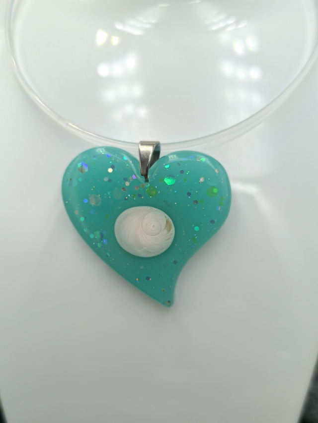 PEN-17 Pendentif gros cœur turquoise irisé