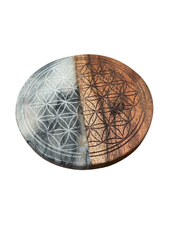 DESSOUS DE VERRE  - 4 PIÈCES - BOIS &amp; MARBRE FLEUR DE VIE 