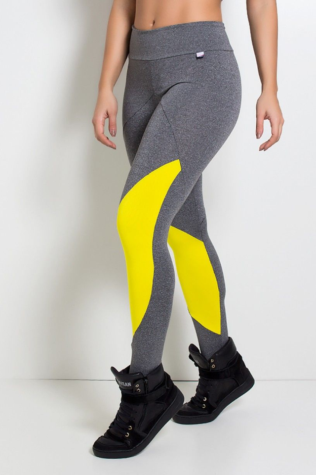 Calça Legging Mescla com Recortes e Detalhe Amarelo Liso | Kaisan