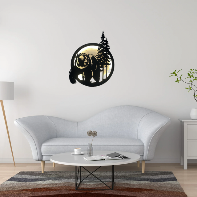 Tableau lumineux ours en bois recyclé – Décoration murale LED upcycling