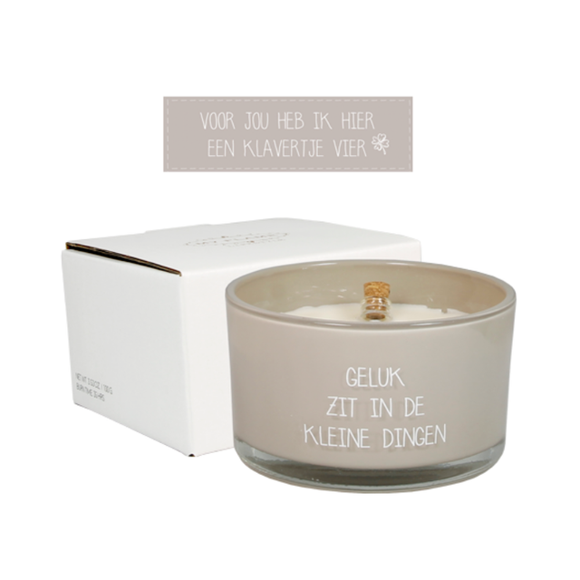 Geurkaars met flessenpost Geluk zit in de kleine dingen