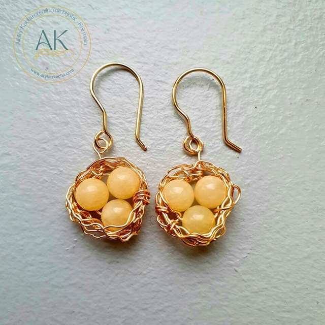 Boucles d&#039;oreilles Nid d&#039;oiseaux avec perles de calcite jaune