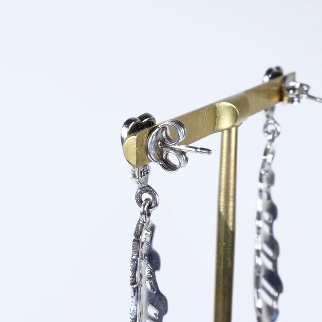 Pair of Elegant Sterling Silver 925 Art Nouveau Style Long Marcasite Gemstone Petal Leaf Floral Heart Geometric Design Drop Dangle Earrings