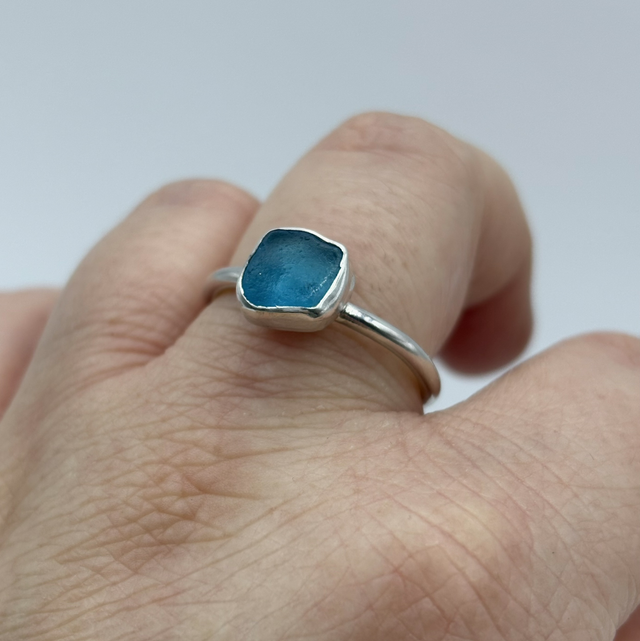 Teal Seaglass & Recycled Silver Ring Size U