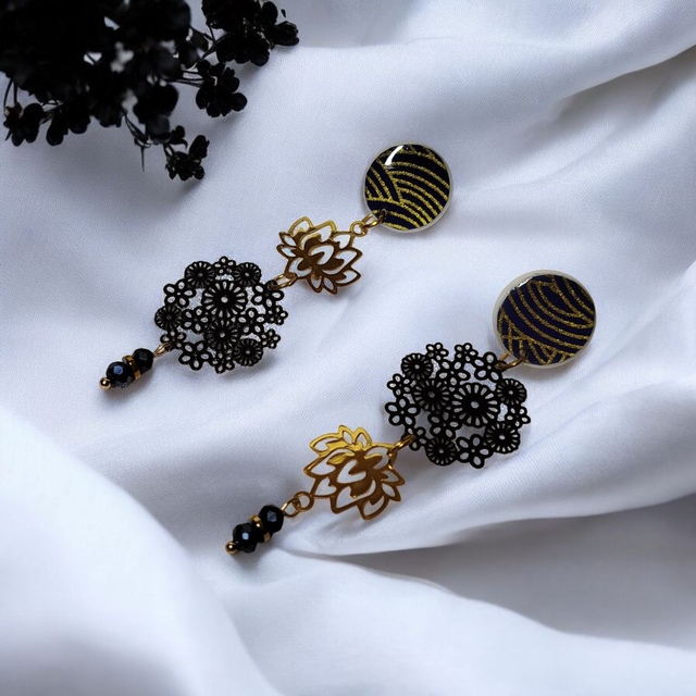 Boucles d'oreilles pendantes motifs japonais noir