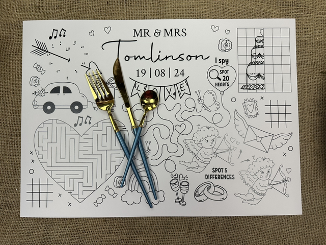 Children’s A3 wedding activity placemats - personalised with the happy couple’s name &amp; wedding date