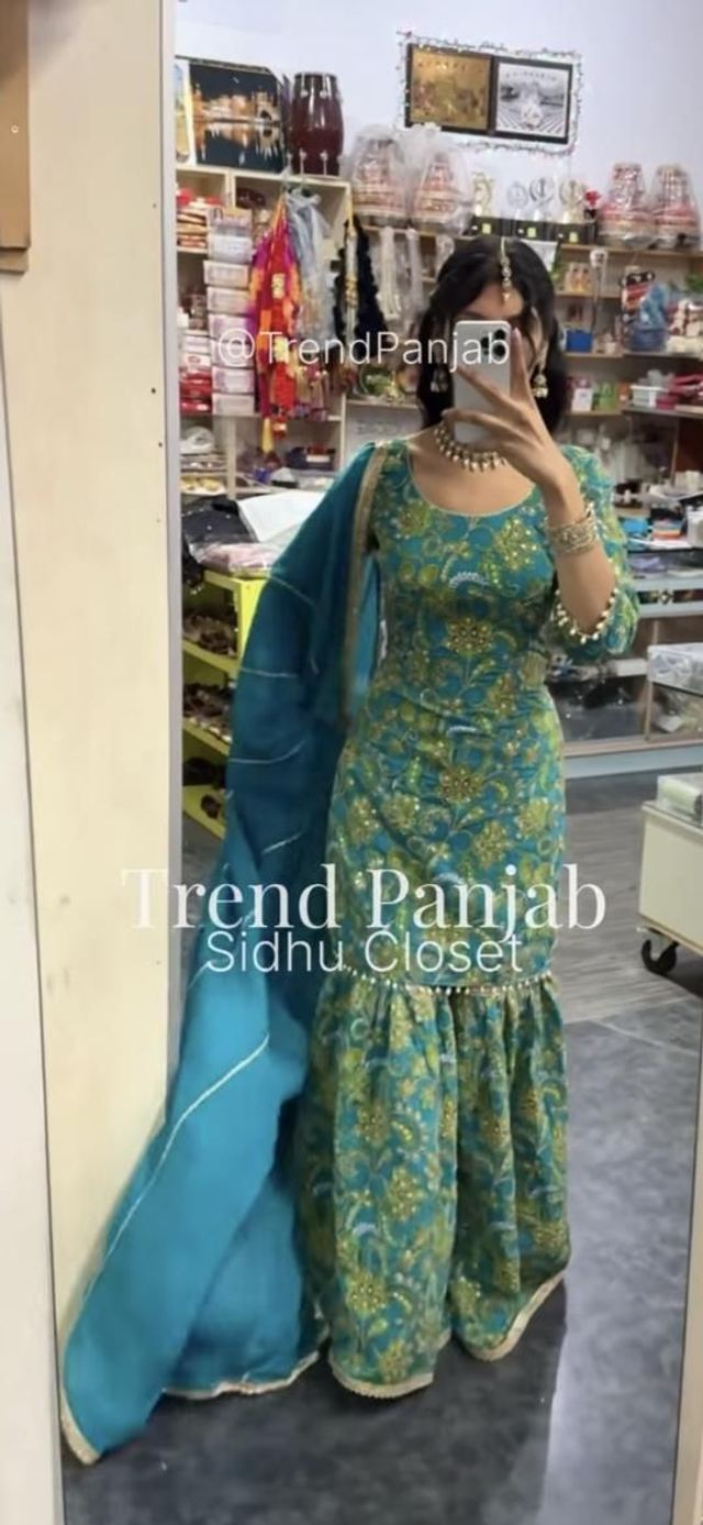 Peacock Blue Floral Embroidered Sharara Suit