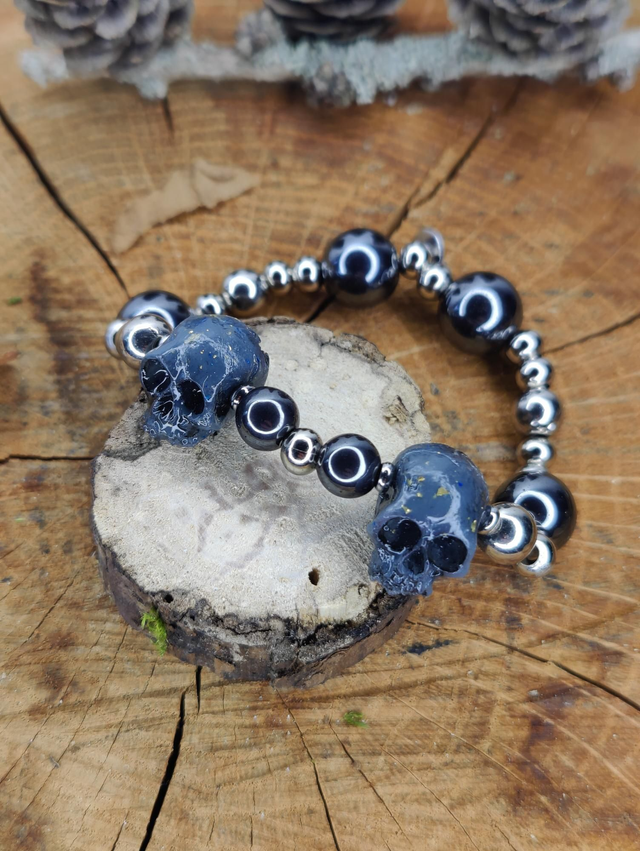 Bracelet homme tête de mort hématite et acier inoxydable 