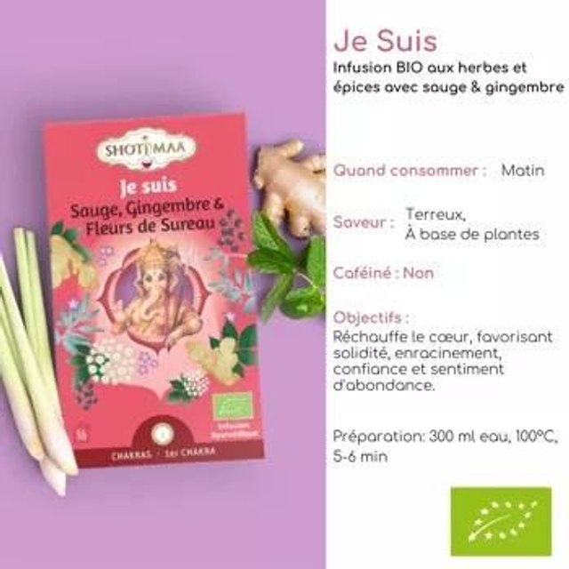 Tisane bio "Je suis" Sauge, Gingembre, Fleurs de sureau