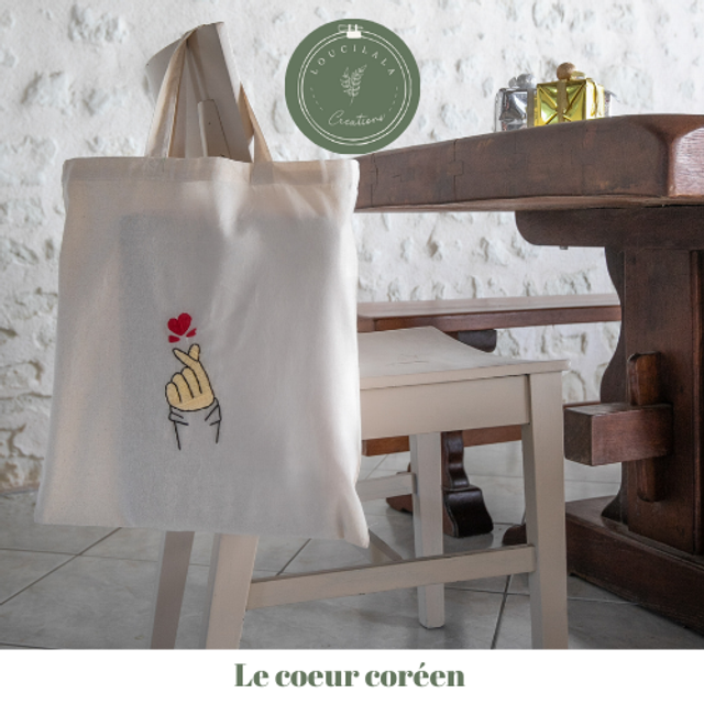 Tote bag brodé main - Le coeur coréen