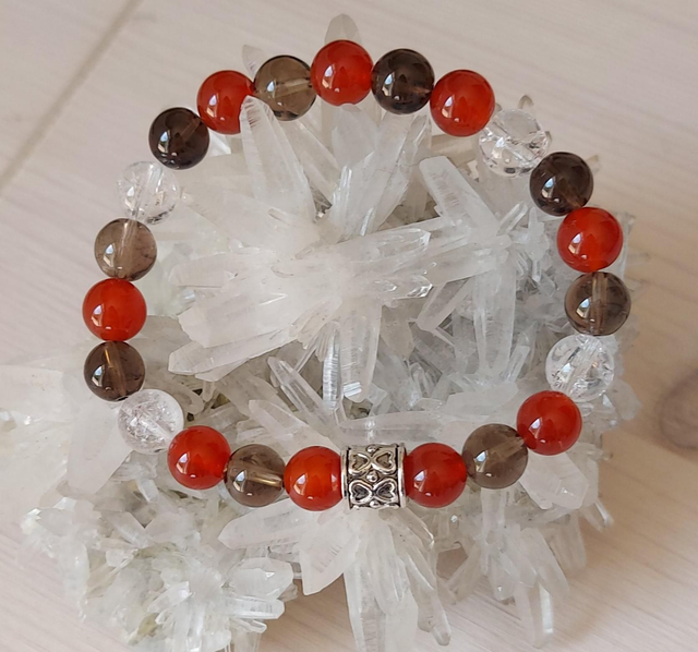 Cornaline Rouge, Quartz Fumé &amp; Cristal de Roche Crack 