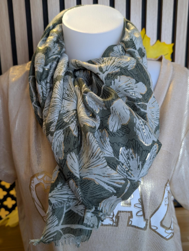 Foulard fleur kaki et or 