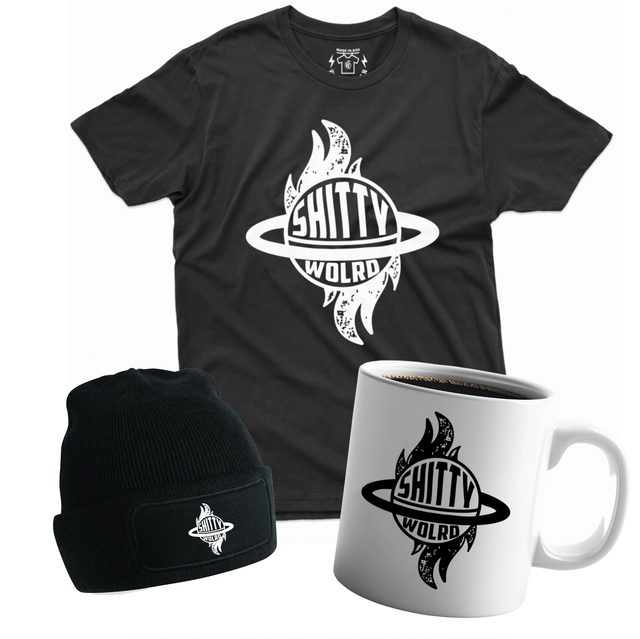 "SHITTY WORLD" Tshirt, Sweat, Bonnet, Totebag, Mug