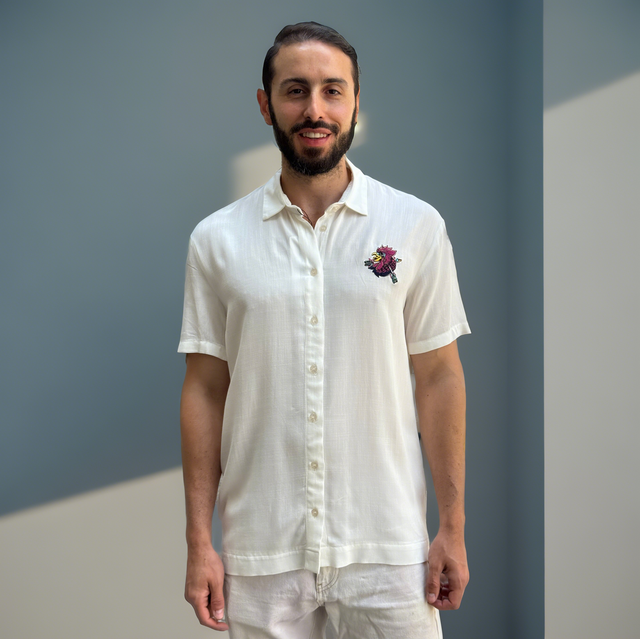 White shirt with embroidered rooster