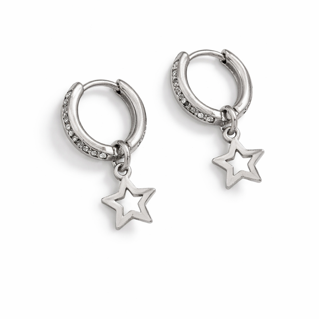 Argollas mini acero plateado brillos y estrellas 