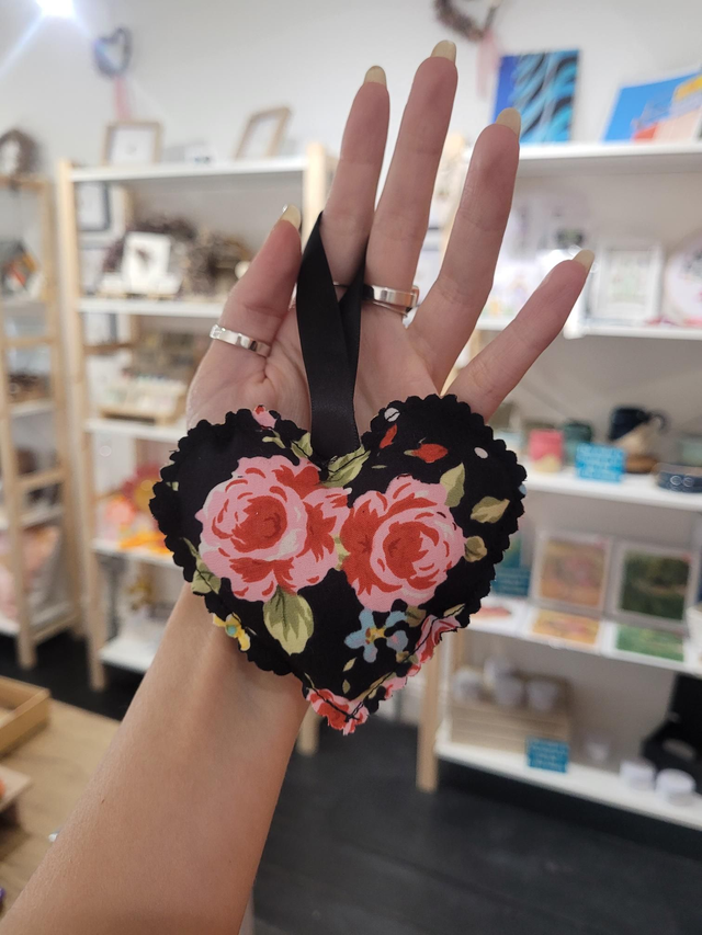 Black and pink floral heart shaped hanging decoration - 100% cotton- HBH-005