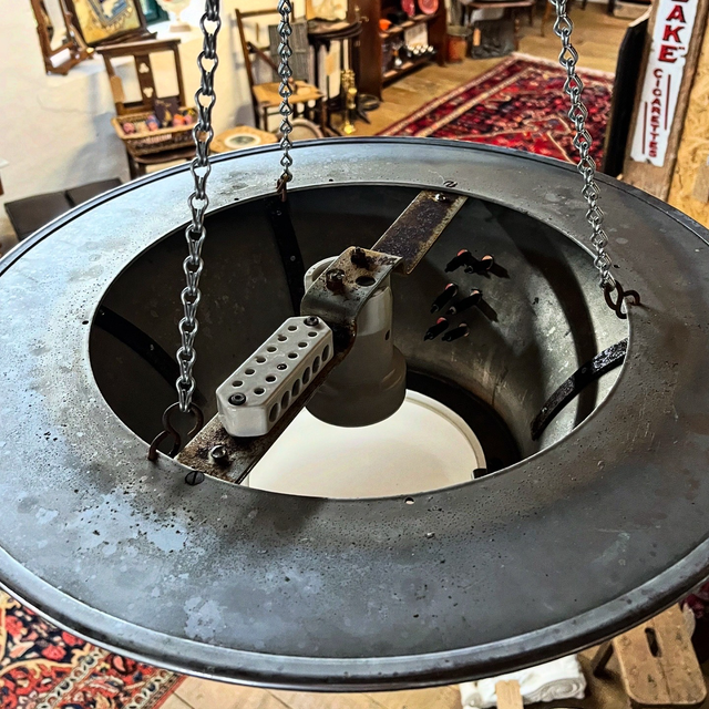 Set Of Three 1927 Industrial Church Pendant Lights Salvaged From St. Margaret’s Church, Worthing, Norfolk