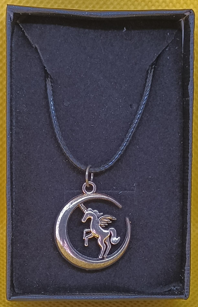Tibetan Silver Unicorn On Crescent Moon Pendant Necklace.
