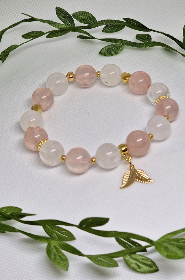 Bracelet Jade blanc et Quartz rose de 1,2 cm.