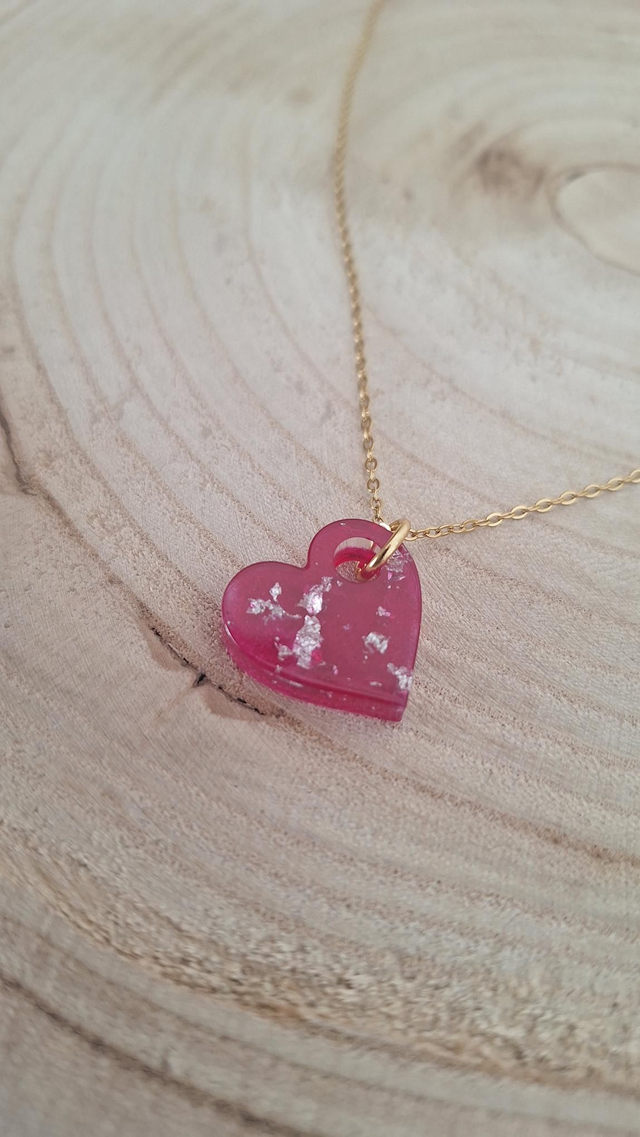 Collier doré cœur rose/feuille d&#039;argent 