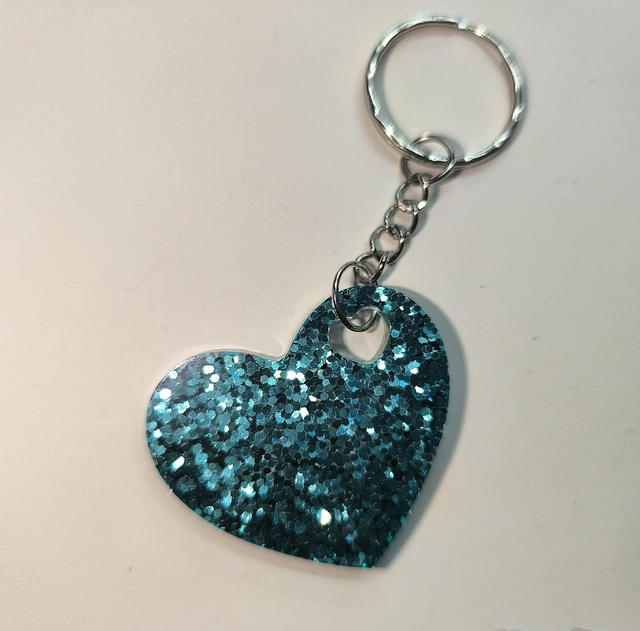 Porte clés coeur bleu turquoise pailleté 