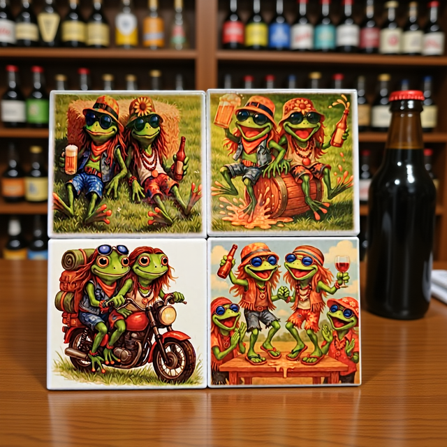 A set of four coasters featuring Leapley and Tipsy Tad two loveable frogs who get up to all sorts of trouble