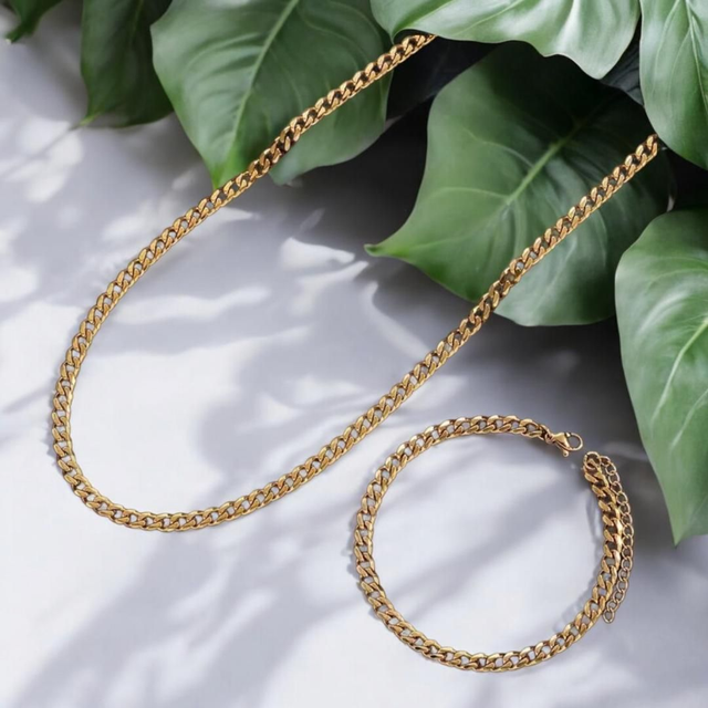 Ensemble Bracelet & Collier Maille Cubaine en Acier Inoxydable Hypoallergénique - Homme