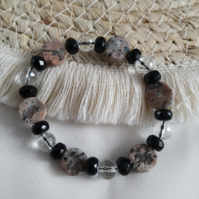 Dames armband Graniet, Bergkristal &amp; Onyx – elastisch (1.311)