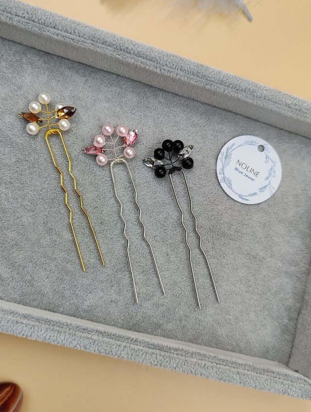 Lot de trois pic à cheveux perles noir, rose ou beige, lot de trois épingles à cheveux strass clair