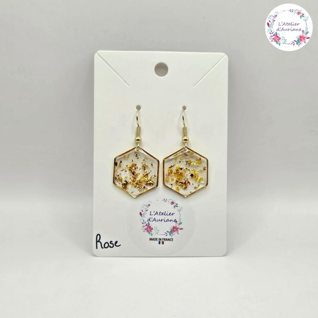 Boucles d'oreilles "Rose et feuilles dorées" dorées