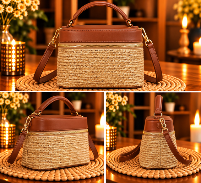Sac vanity en raphia – Beige &amp; Camel
