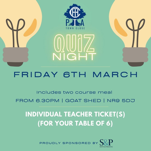 Town Close PTA Quiz Night 2026 - TEACHER TICKET Individual Entry (for your team of 6) 
