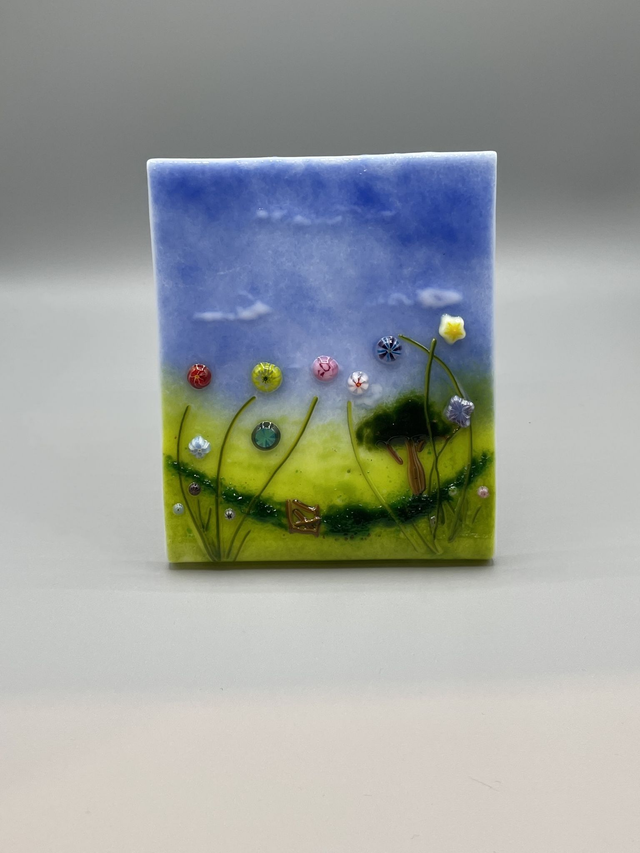Freestanding fused glass countryside landscape with hedge and gate