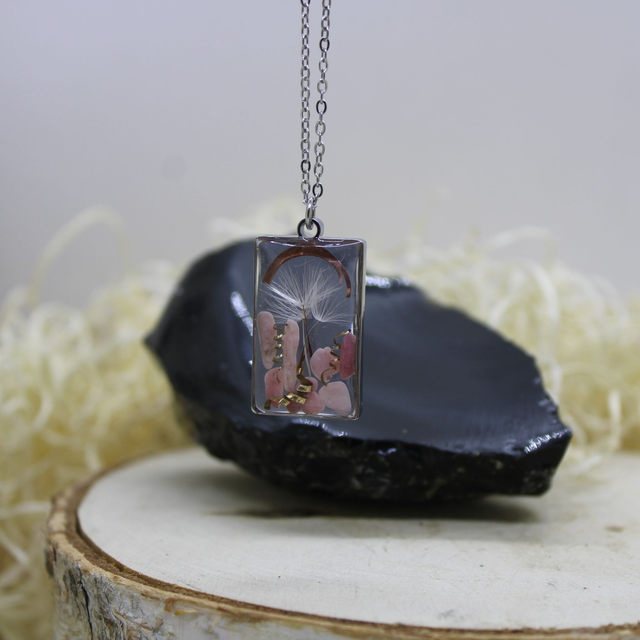 Pendentif Rhodonite et graines de pissenlit