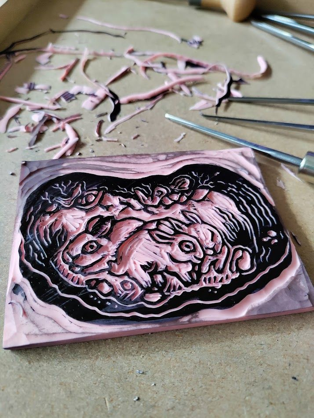 linogravure " le terrier des lapins " 10X15 cm blanc