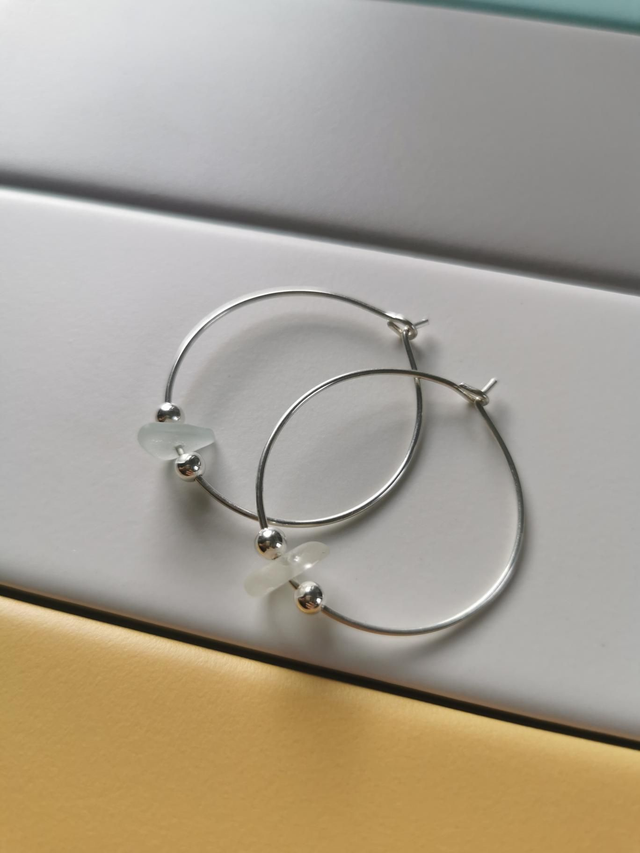 Dainty white seaglass hoops