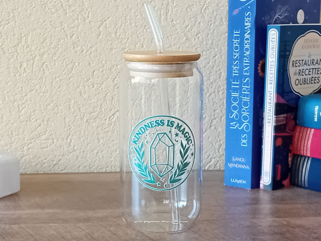 Gobelet en Verre 550ml - Kindness is Good - Paille en Verre et Couvercle en Bambou