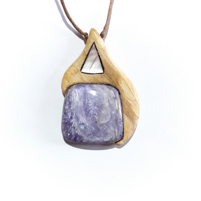  Charoite Necklace with Mother of Pearl caboshon &amp; Hand Carved Palo Santo Wood 