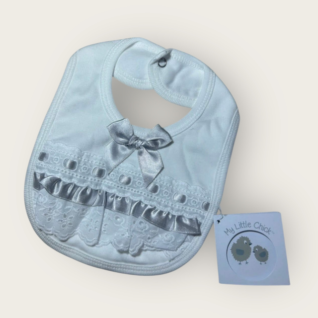 Baby’s White/Grey Bow Frill Bib 