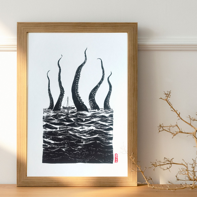 Bateau et Tentacules Monstrueux - Sérigraphie Lovecraftienne