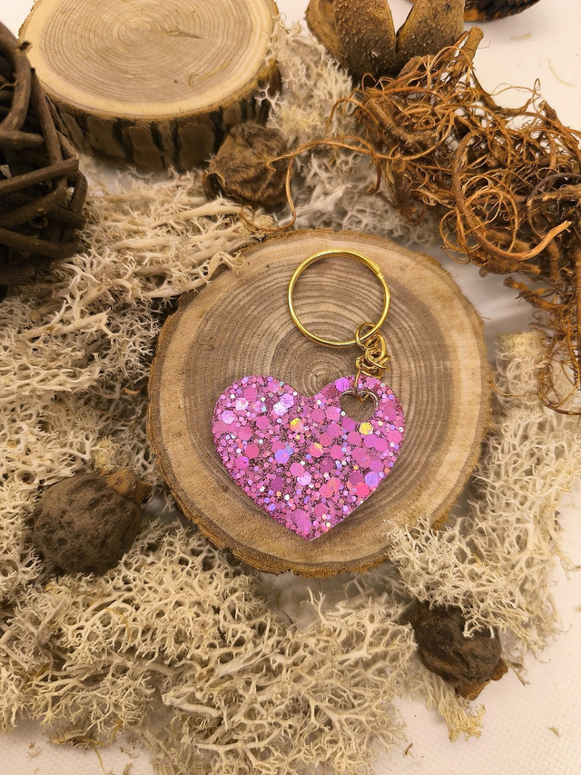 Porte clés coeur rose pailletté holographique 
