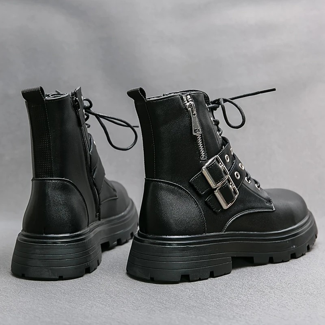 Men's High-Top Black Combat Boots with Zipper Detail