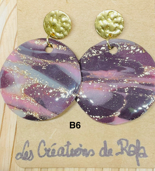 Boucles d’oreilles pendantes  en pâte polymère et resineUV ;PUCES argentées ou dorées en acier inoxydable 