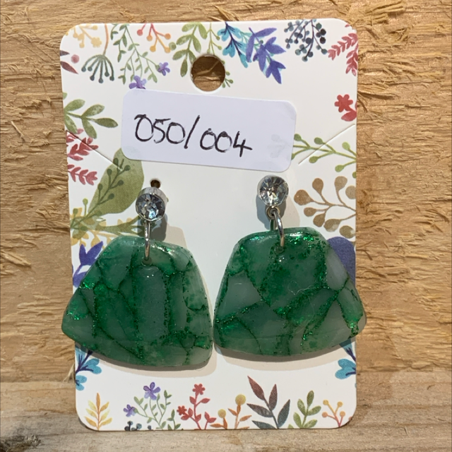 Green Marble and Diamonte Polymer Clay Earrings
