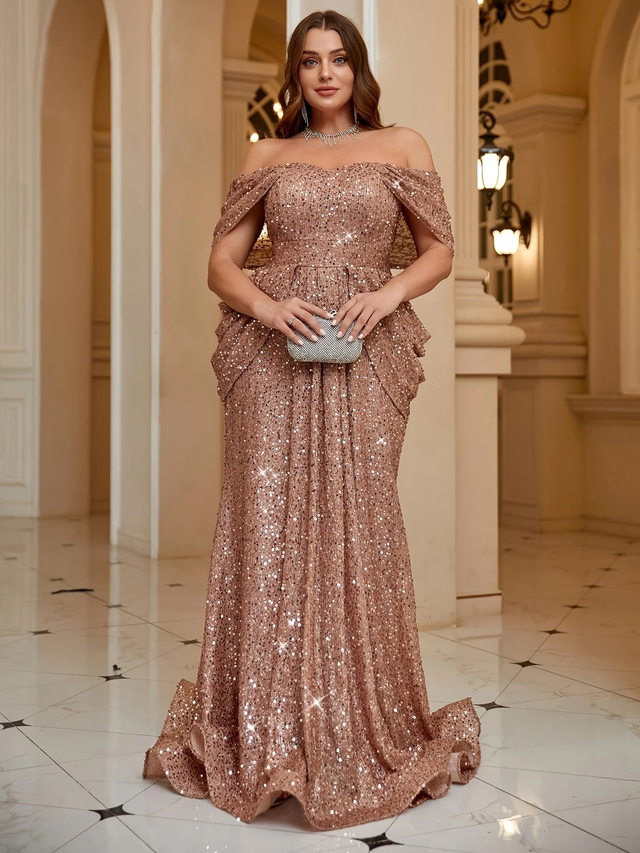 Gown, Strapless Sequin Evening Gown with Cross-Back Design &amp; Fishbone Waist