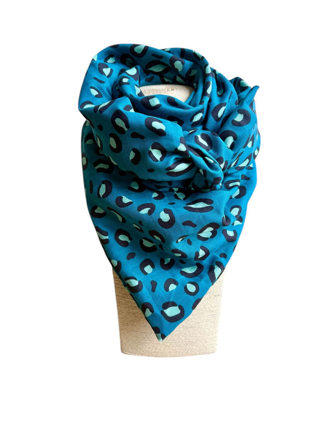 Foulard triangle - LEOPARD pétrole et vert clair