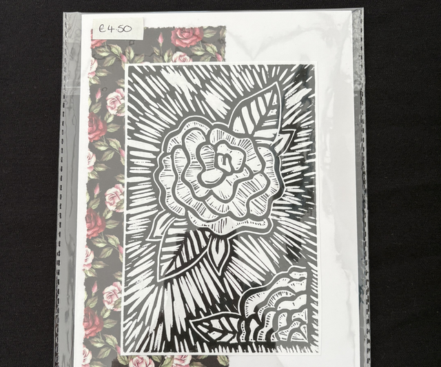 Lino print rose card 