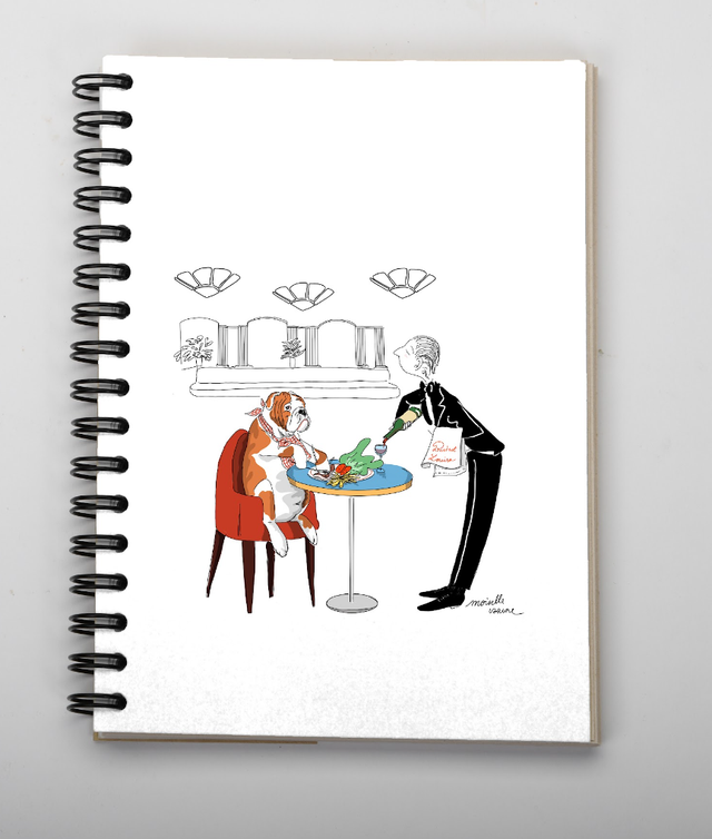 Carnet A6 de la marque Pepeuf portant une illustration faite par Moiselle Isaure appelée "Chien à table"