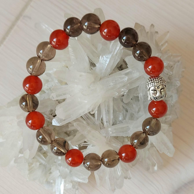 Quartz Fumé, Cornaline Rouge & Cristal de Roche Crack 